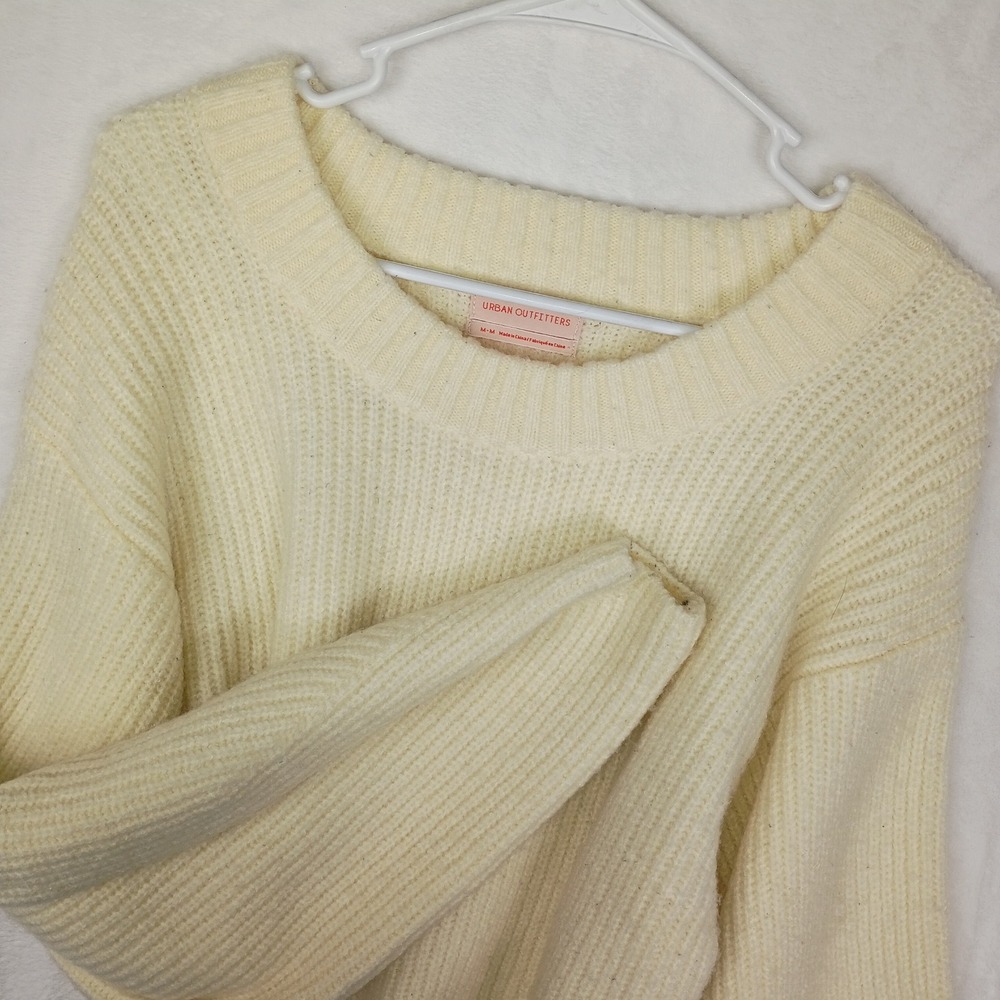 Urban Outfitters Cream Ribbed Cropped Sweater Balloon Sleeve Crew Neck Medium - Picture 2 of 6